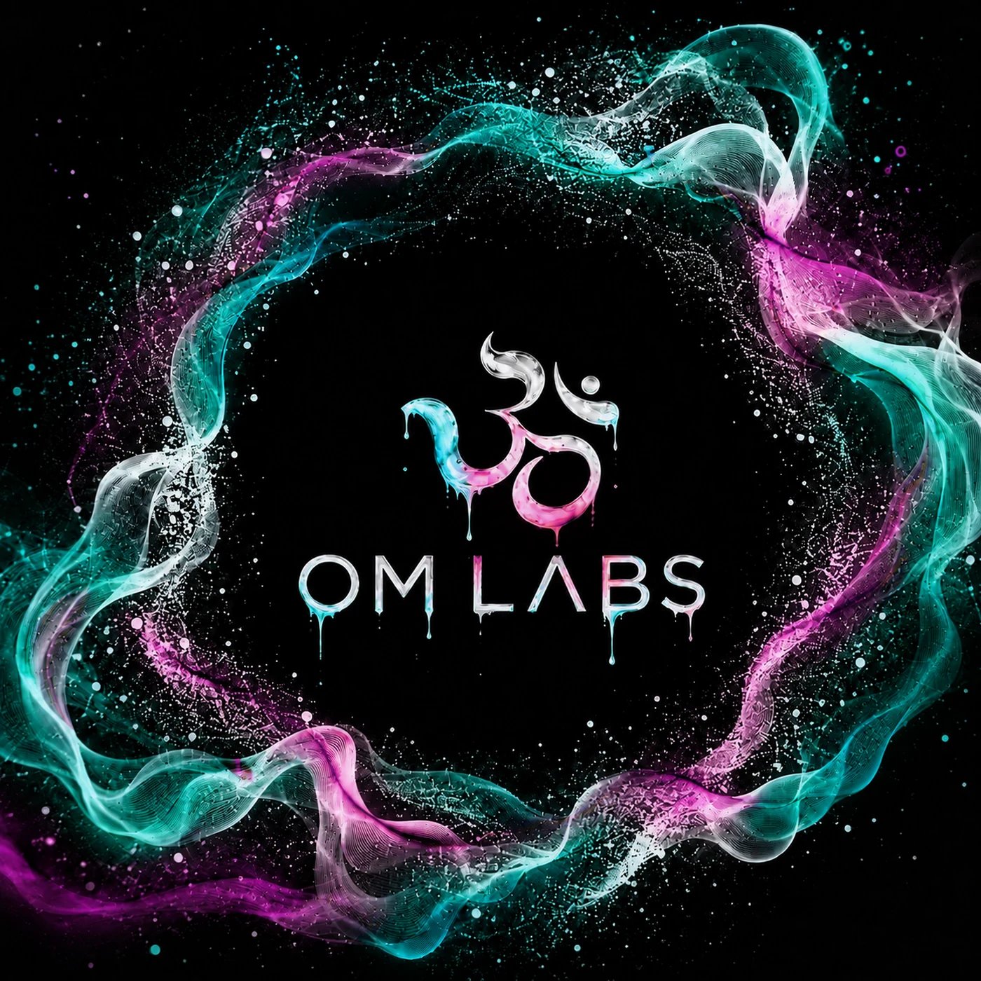 OM Labs — an Om symbol rendered in teal, pink, and violet, above the wordmark OM LABS